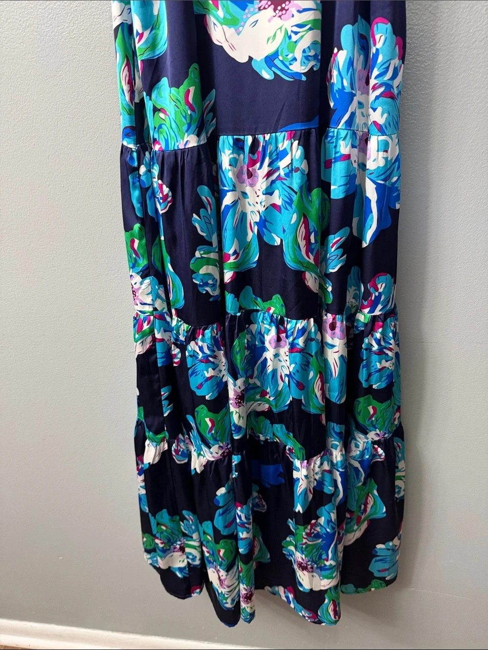 Pink Martini Scheana maxi dress tiered skirt, flutter sleeves blue floral small